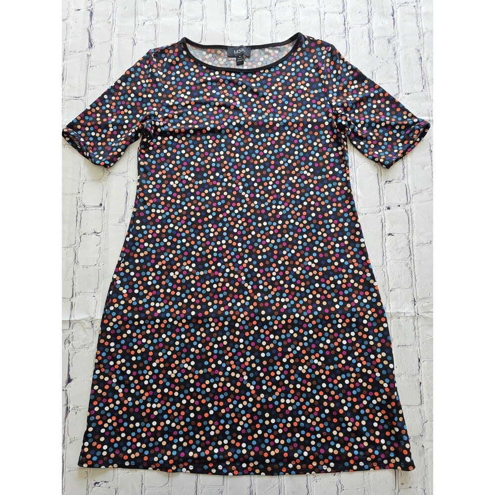 MSK Women’s Black Multicolor Polka Dot Sheath Dress Size S Short Sleeve Preowned